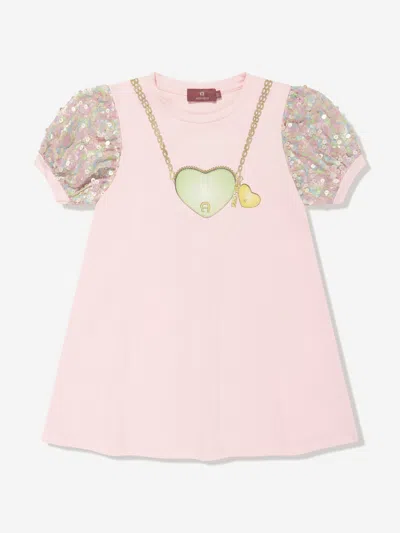 Aigner Kids' Sequinned Bag-print Dress In Pink
