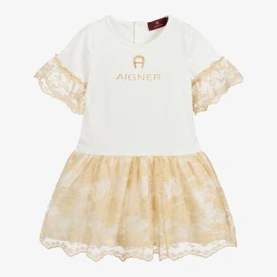 Aigner Kids'  Girls Ivory Jersey & Lace Logo Dress