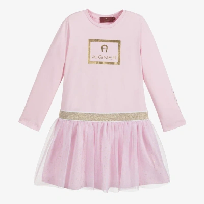 Aigner Kids'  Girls Pink Cotton & Tulle Logo Dress