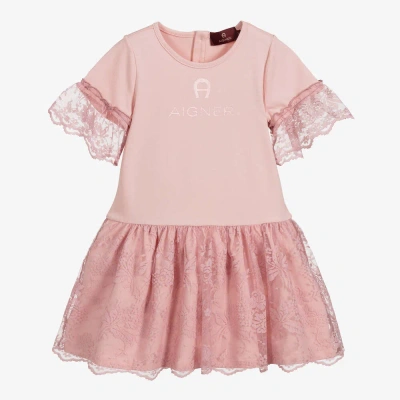 Aigner Kids'  Girls Pink Jersey & Lace Logo Dress