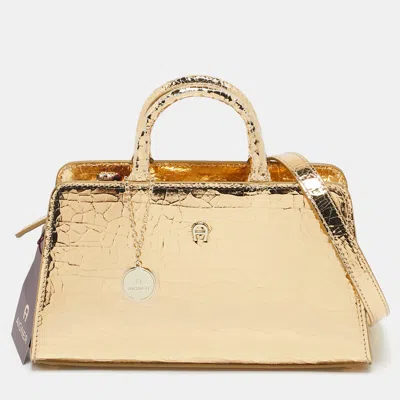Aigner Gold Crackled Patent Leather Mini Cybill Tote In Beige