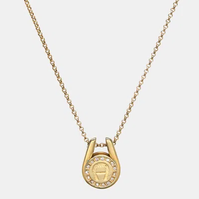 Pre-owned Aigner Gold Tone Crystal Embellished Logo Pendant Necklace