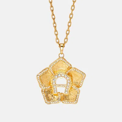 Aigner Gold Tone Crystal Logo Flower Pendant Necklace