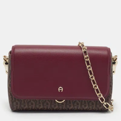 Pre-owned Aigner Grazia Burgundy/brown Signature Coated Canvas And Leather Shoulder Bag