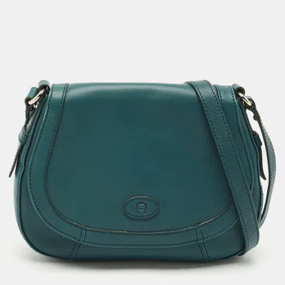 Aigner Green Leather Logo Flap Crossbody Bag In Blue