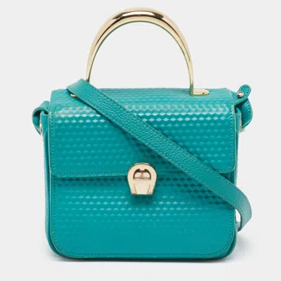Aigner Green Textured Leather Genoveva Top Handle Bag In Blue