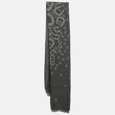Pre-owned Aigner Grey Logo Printed Cotton Blend Fringes Scarf