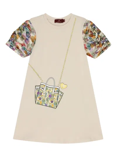 Aigner Kids' Handbag-print Short-sleeves Casual Dress In Neutral