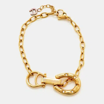 Pre-owned Aigner Horseshoe Logo Crystal Gold Tone Link Chain Bracelet