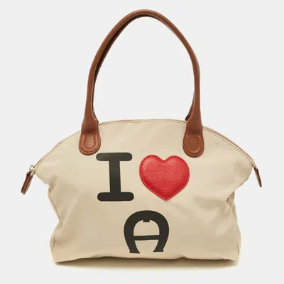 Aigner I Love A Beige/brown Nylon Zip Satchel In Multi