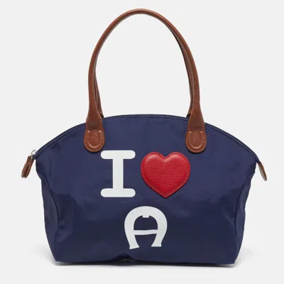 Aigner I Love A Blue/brown Nylon Zip Satchel In Black