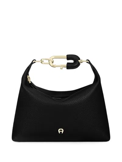 Aigner Karabiner Pebbled Leather Shoulder Bag In Black
