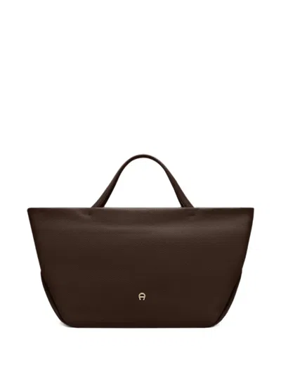 Aigner Large Paola Logo-plaque Grained-leather Tote Bag In Brown