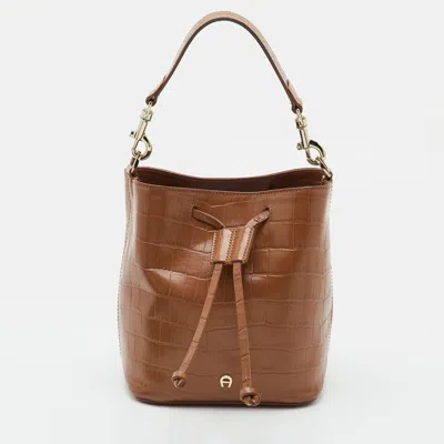 Pre-owned Aigner Laura Brown Croc Embossed Leather Drawstring Bucket Bag