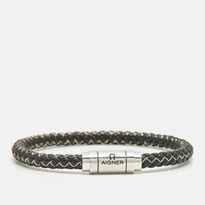 Pre-owned Aigner Leather Cord Silver Tone Bracelet