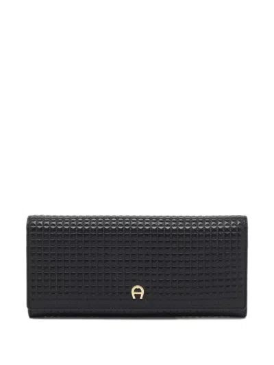 Pre-owned Aigner Leather Flap Continental Wallet In Black
