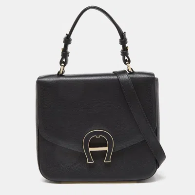 Aigner Leather Logo Flap Top Handle Bag In Black
