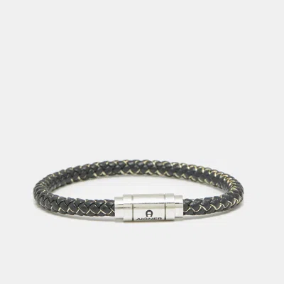 Aigner Leather Thread Silver Tone Bracelet In Black