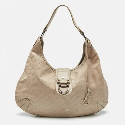 Aigner Light Beige Logo Embossed Leather Charm Hobo In Pattern