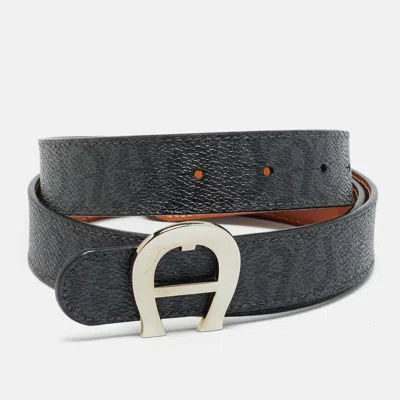 Pre-owned Aigner Logo 85 Cm Buckle Belt Grey/black Signature Coated Canvas In Sand
