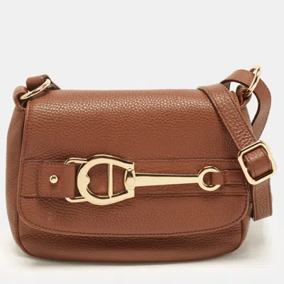 Pre-owned Aigner Logo Buckle Brown Leather Flap Shoulder Bag