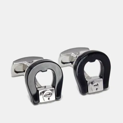 Aigner Logo Ceramic Silver Tone Cufflinks