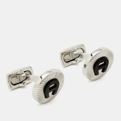 Aigner Logo Ceramic Silver Tone Cufflinks In Black