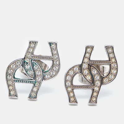 Aigner Logo Crystal Embellished Silver Tone Earrings In Metallic