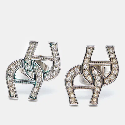 Aigner Logo Crystal Embellished Silver Tone Earrings In Multi