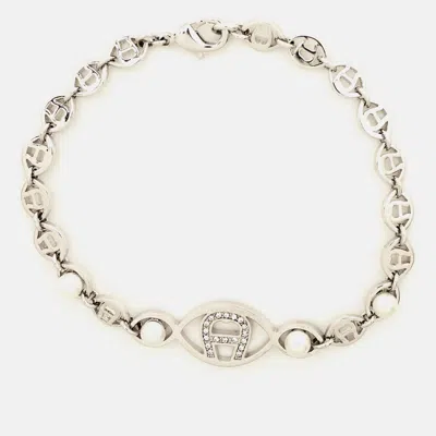 Aigner Logo Crystal Faux Pearl Silver Tone Bracelet In Gold