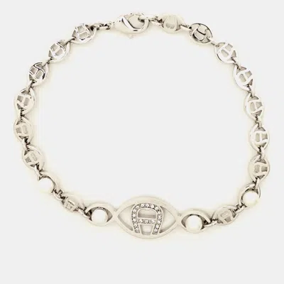 Pre-owned Aigner Logo Crystal Faux Pearl Silver Tone Bracelet
