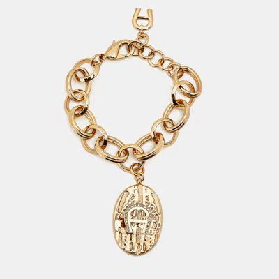 Pre-owned Aigner Logo Crystal Rose Gold Tone Charm Link Bracelet