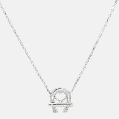 Aigner Logo Crystal Silver Tone Necklace In Metallic