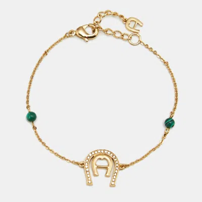 Pre-owned Aigner Logo Crystals Beads Gold Tone Bracelet