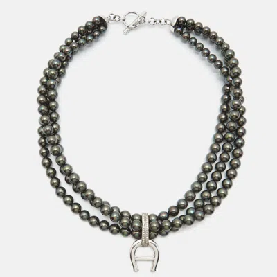 Aigner Logo Crystals Black Faux Pearls Silver Tone Multistrand Necklace