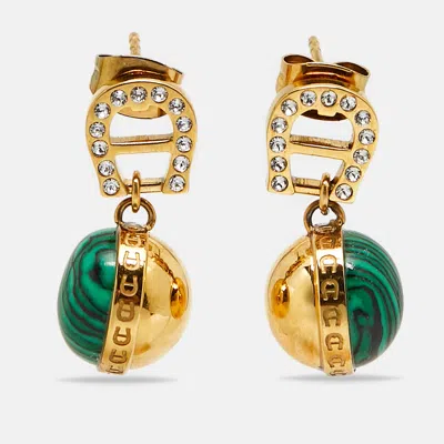 Aigner Logo Crystals Green Resin Gold Tone Earrings
