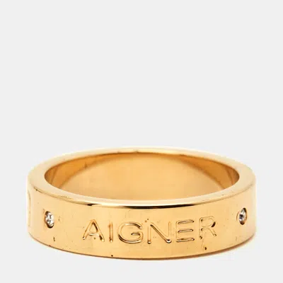 Pre-owned Aigner Logo Crystals Rose Gold Tone Ring Size 55