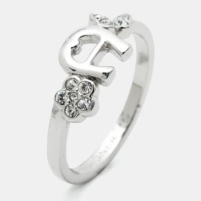 Aigner Logo Crystals Silver Tone Ring In Metallic