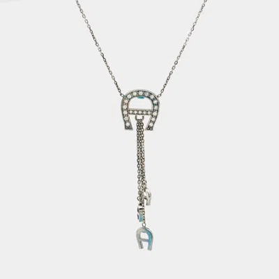 Aigner Logo Crystals Sterling Silver Pendant Necklace