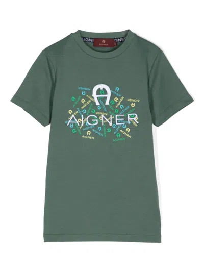 Aigner Kids' Logo-embroidered T-shirt In Green