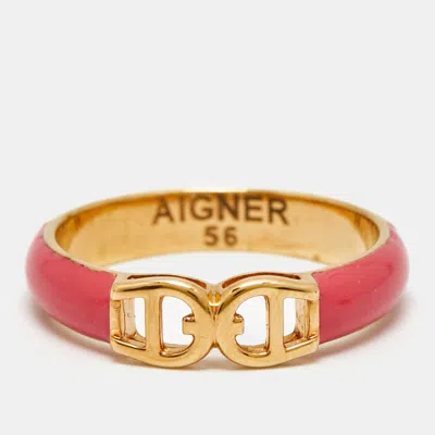 Aigner Logo Enamel Gold Tone Ring In Pink