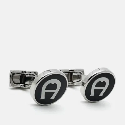 Pre-owned Aigner Logo Enamel Silver Tone Cufflinks