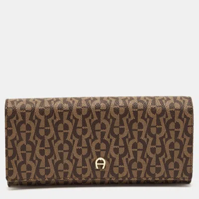 Pre-owned Aigner Logo Flap Brown Signature Coated Canvas Continental Wallet