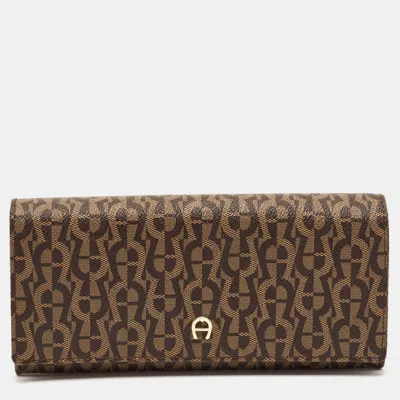 Aigner Logo Flap Brown Signature Coated Canvas Continental Wallet