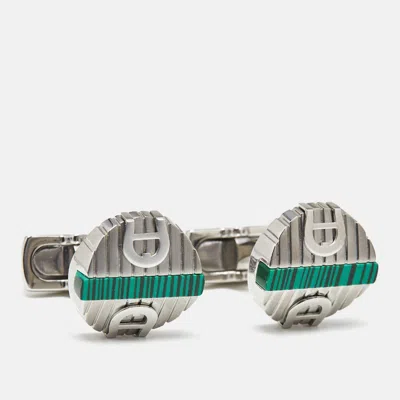 Aigner Logo Green Inlay Textured Silver Tone Round Cufflinks In Metallic
