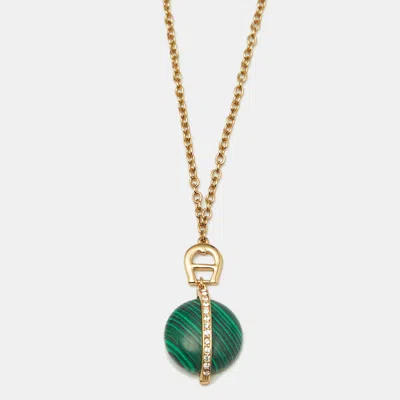 Pre-owned Aigner Logo Green Resin Crystals Gold Tone Necklace