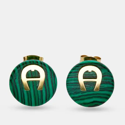 Pre-owned Aigner Logo Green Resin Gold Tone Earrings