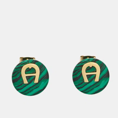 Pre-owned Aigner Logo Green Resin Gold Tone Earrings