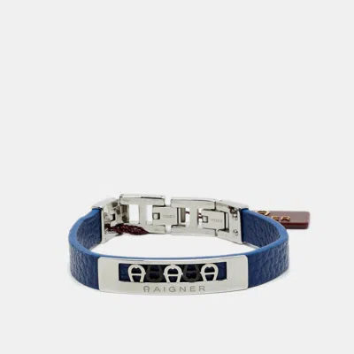 Pre-owned Aigner Logo Leather Gunmetal Tone Stainless Steel Bracelet