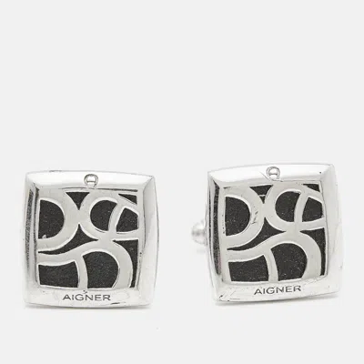 Pre-owned Aigner Logo Leather Silver Tone Cufflinks